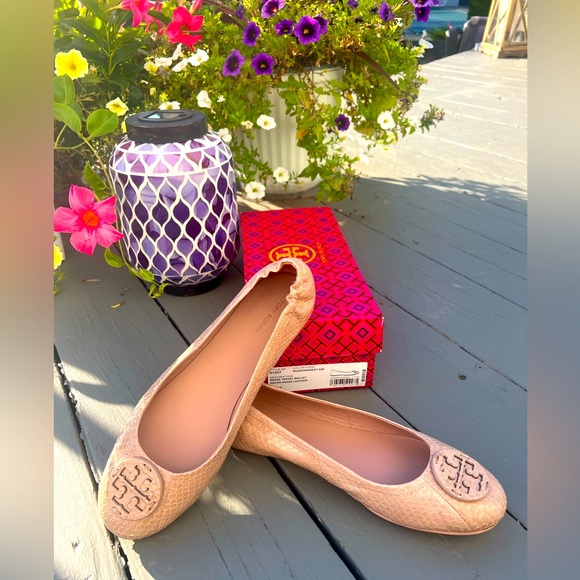 Tory Burch Minnie Snakeskin Travel Ballet 10 1/2 Meadowsweet - Picture 1 of 11